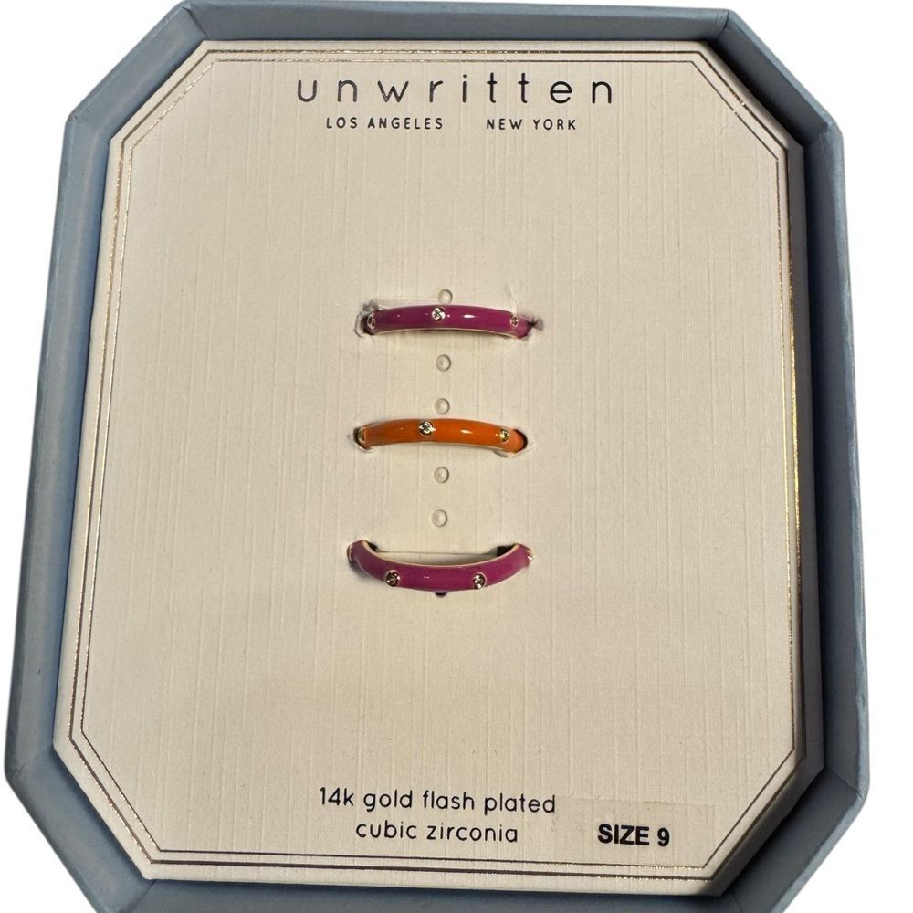 Unwritten 14k Gold Flash Plated 3-Pieces Cubic Zirconia Enamel Ring Set